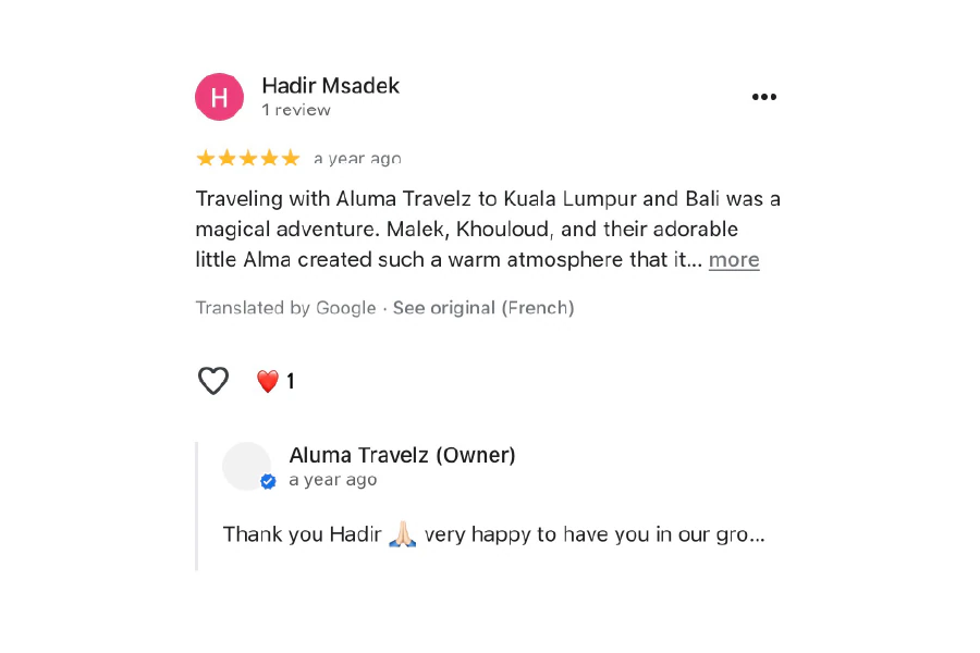Five-star Google review from Hadir Msadek about traveling to Kuala Lumpur and Bali with Viona Travel.