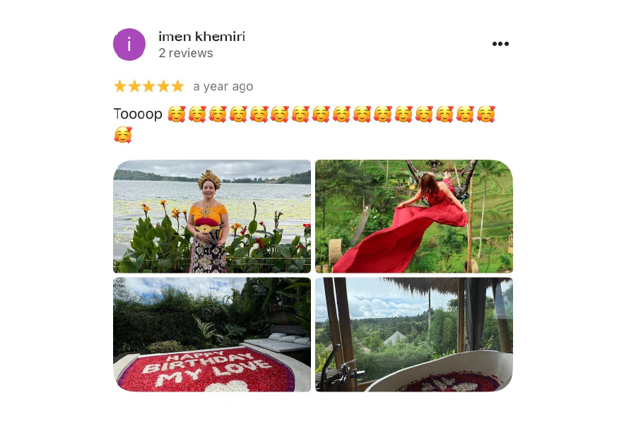 Five-star Google review from Imen Khemiri, with customer photos from Bali.