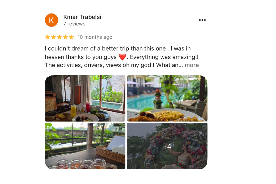 Five-star Google review from Kmar Trabelsi about an Viona Travel trip, with customer travel photos.