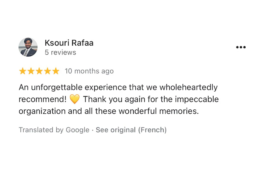 Five-star Google review from Ksouri Rafaa recommending Viona Travel for its trip organization.