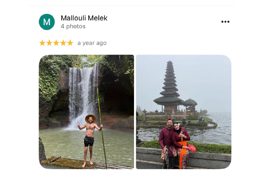 Five-star Google review from Mallouli Melek, with customer travel photos from Bali.
