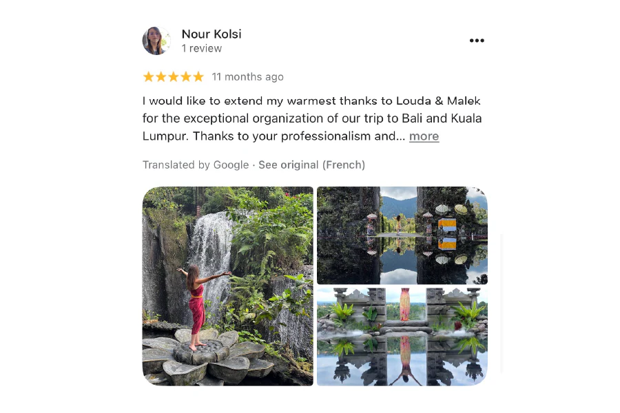Five-star Google review from Nour Kolsi thanking Viona Travel for organizing a Bali and Kuala Lumpur trip.